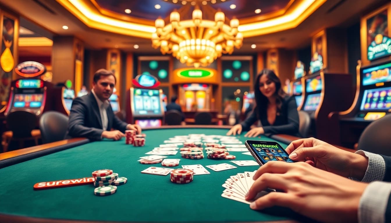 Experience the thrill of gaming at surewin online casino, featuring luxurious poker tables and vibrant slot machines.