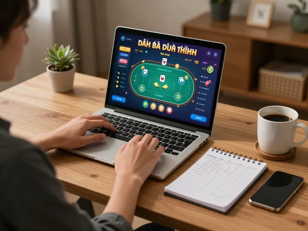 Engaging scene of game đánh bài đổi thưởng being played on a laptop in a cozy home office