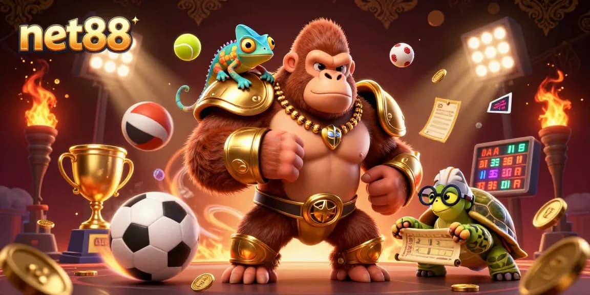 Engage in thrilling betting adventures with net88, featuring a gorilla king and dynamic sports elements.