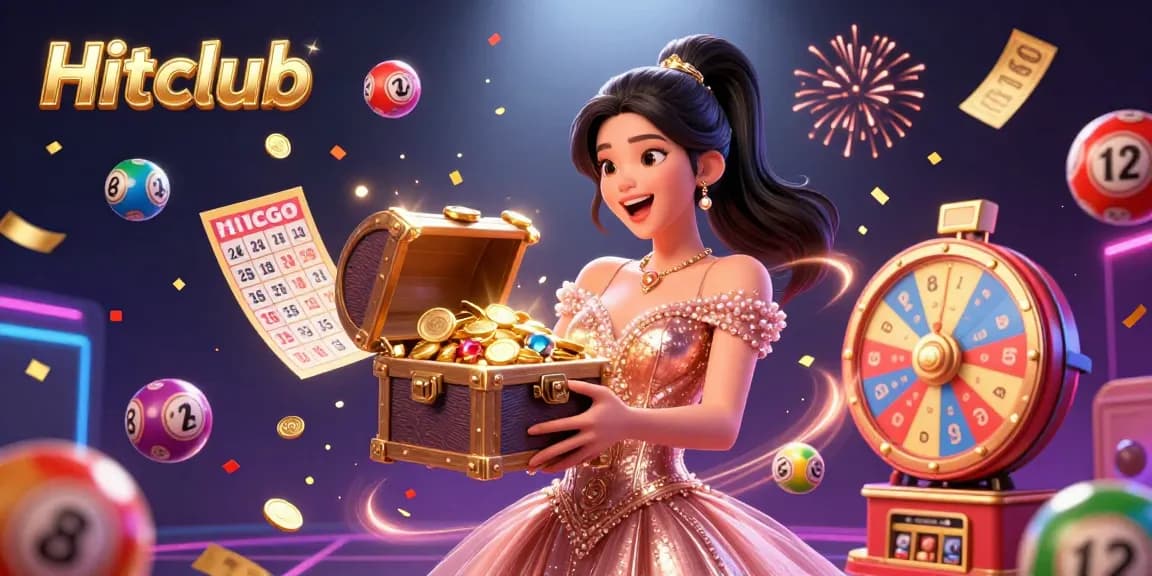 Experience the thrill at Hitclub with a joyful Asian woman unveiling treasure amidst vibrant casino elements.