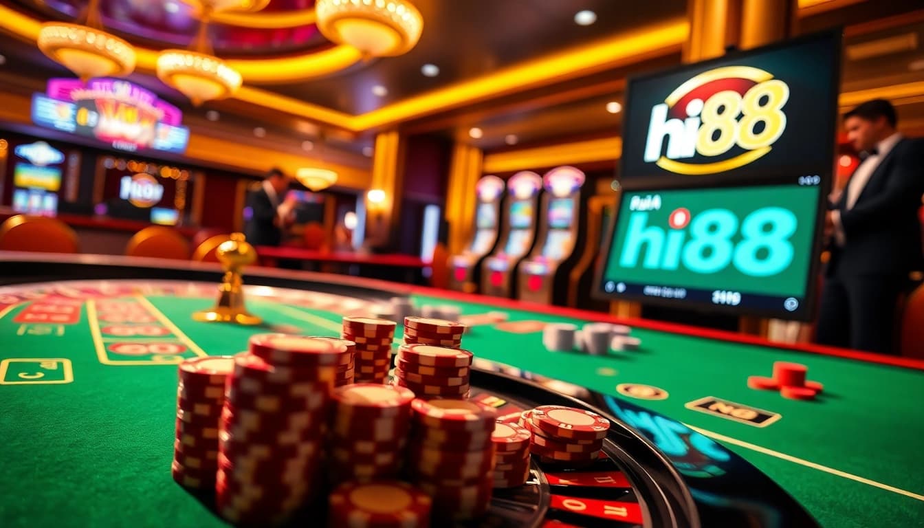 Experience Hi88's luxury gaming with a dealer at a roulette table and poker chips.
