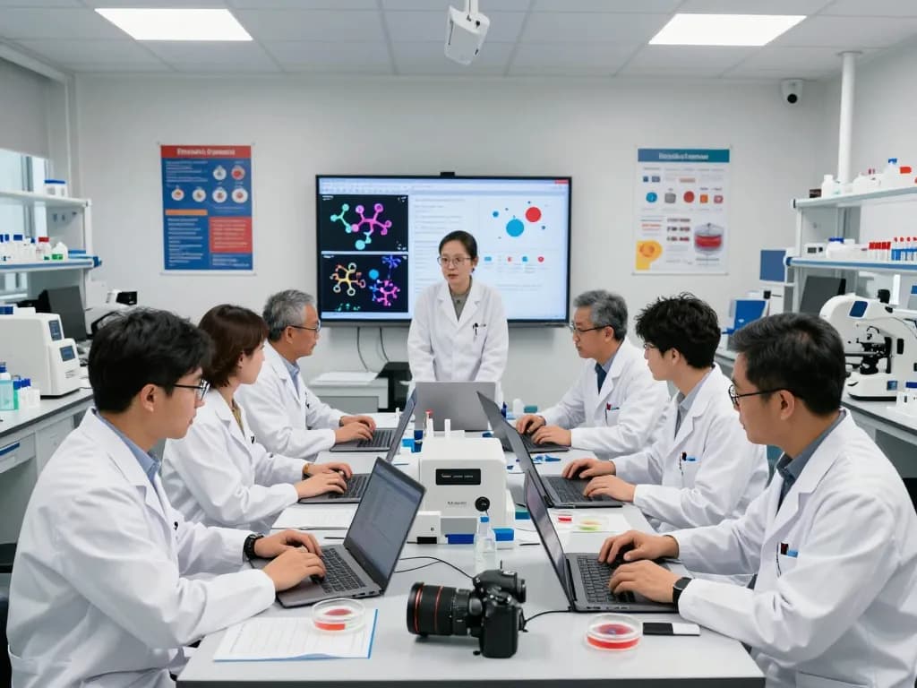 Team of scientists discussing mb66 film research in a bright lab.