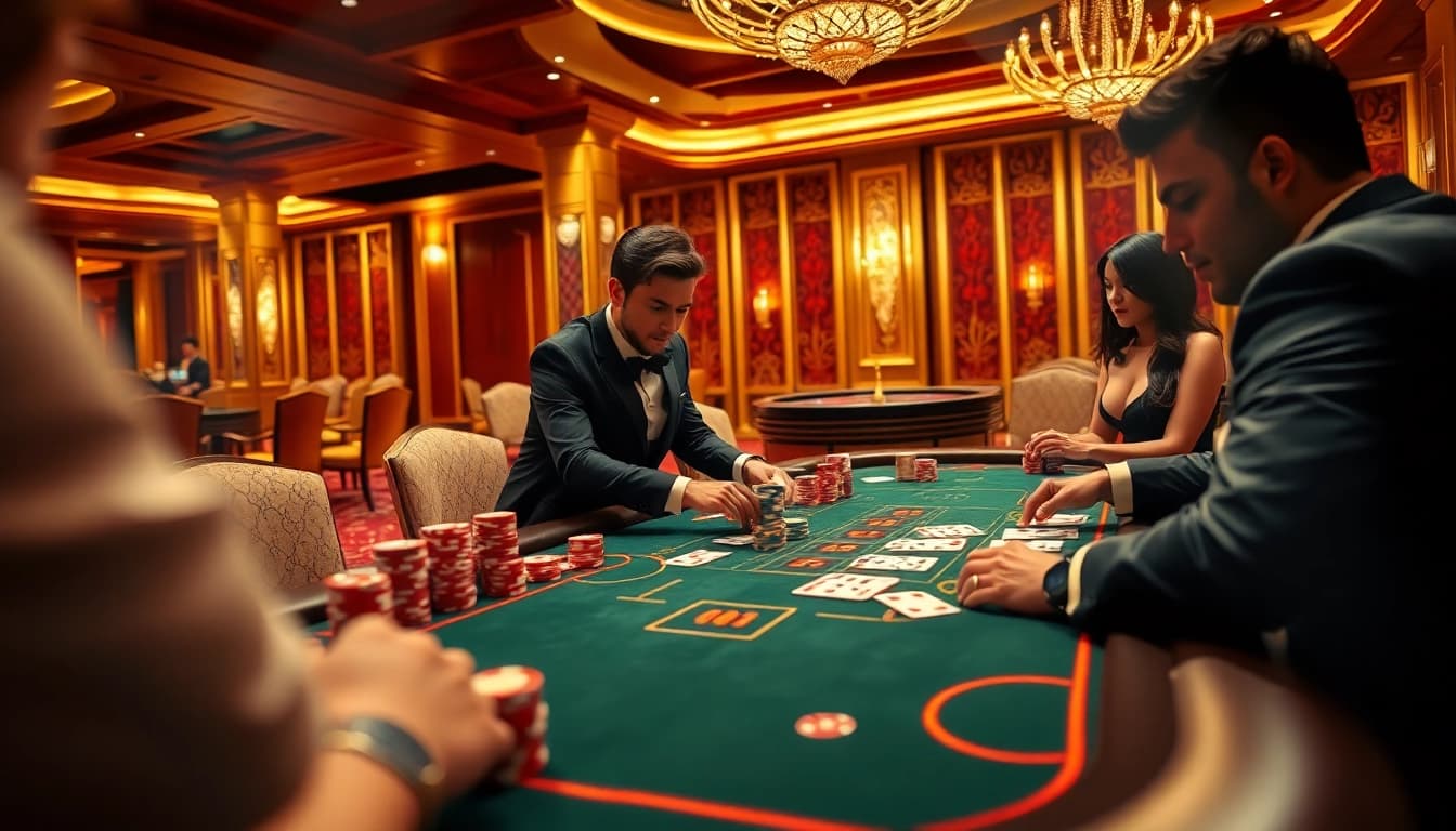 Experience ALo789 online gambling atmosphere with vibrant casino table action and luxury decor.