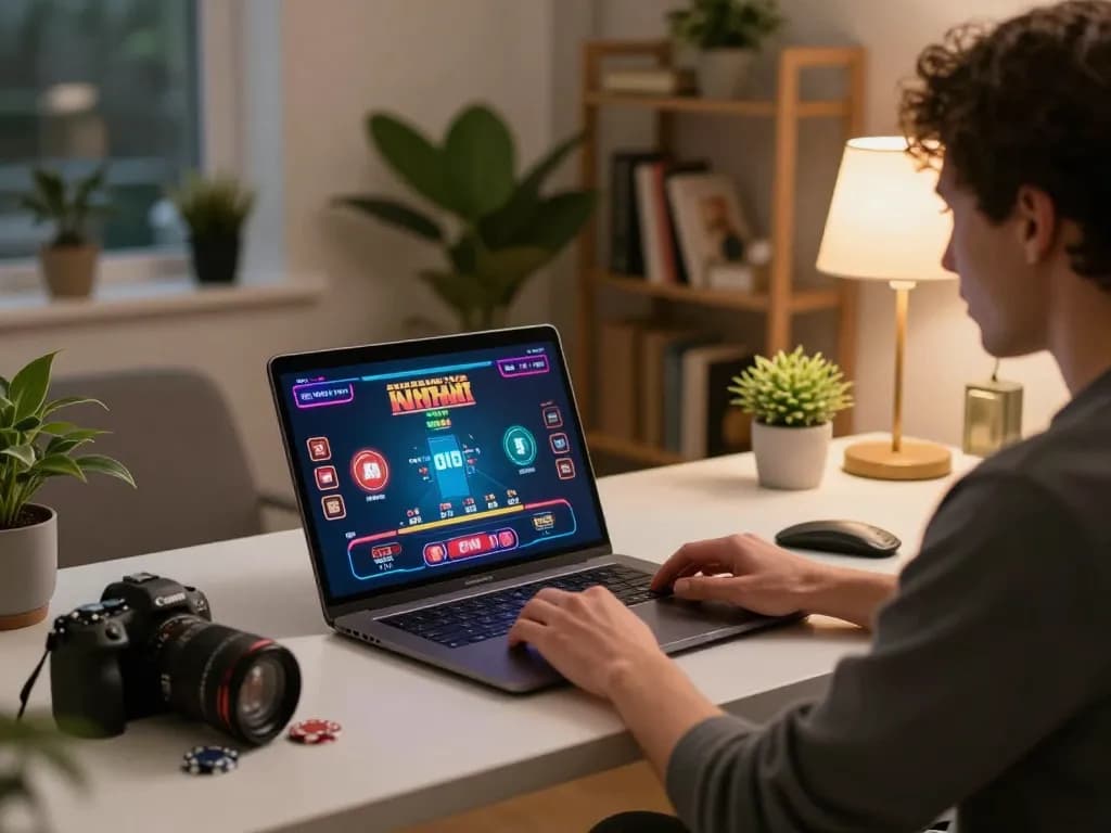 Engaging in online blackjack at https://lucky88.sbs/ with a cozy home office backdrop and warm lighting