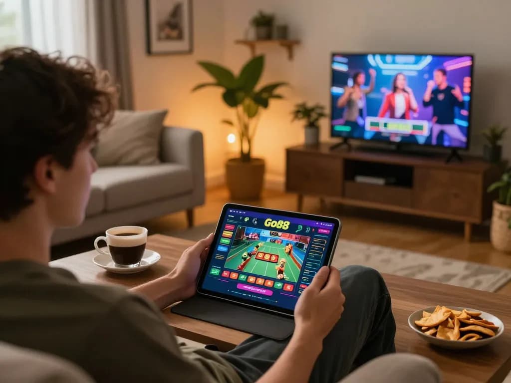 Player enjoying online gaming with Go88 app in a cozy living room setting