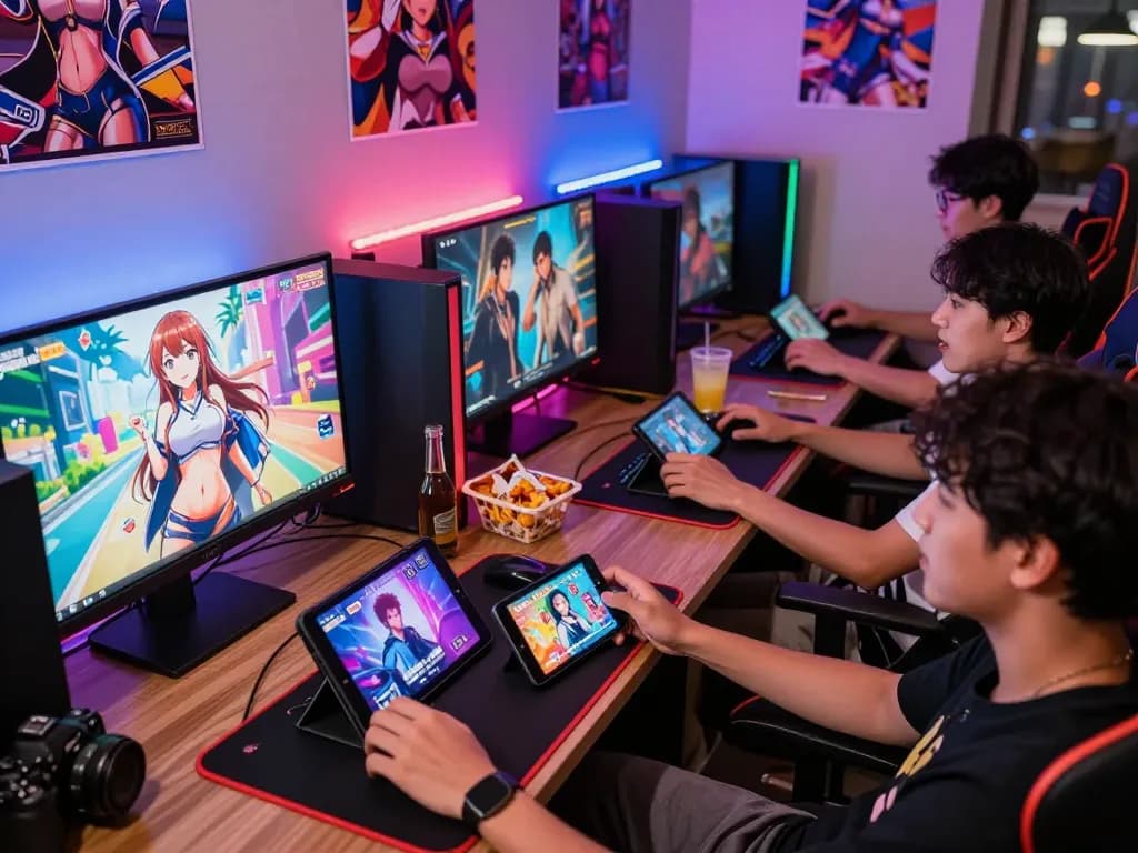Players enjoying porn games across various devices in a vibrant gaming lounge.