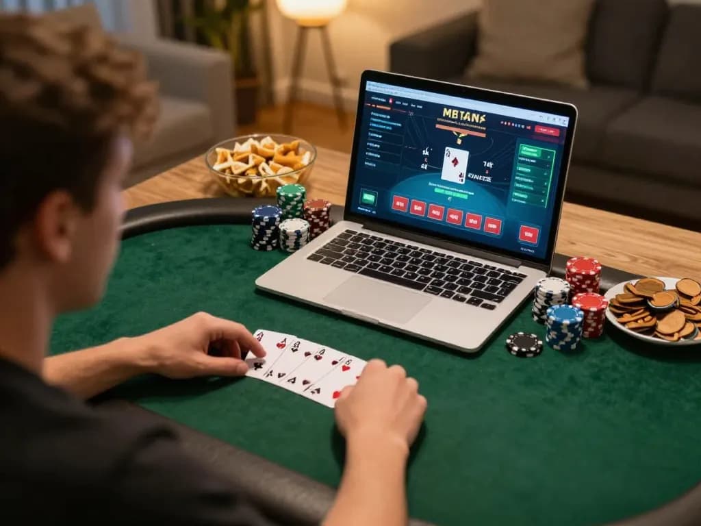 Bong88 player strategizing on poker move with laptop in cozy home gaming setup