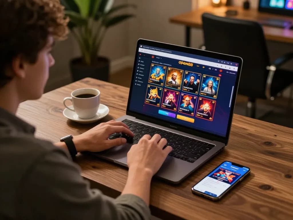 open88 online player engaged in gaming, showcasing vibrant casino interface on laptop, cozy atmosphere