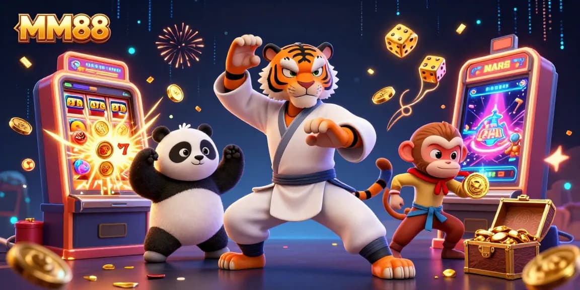 Experience thrilling wins with MM88, showcasing exciting slot machines and playful characters in a dynamic scene.