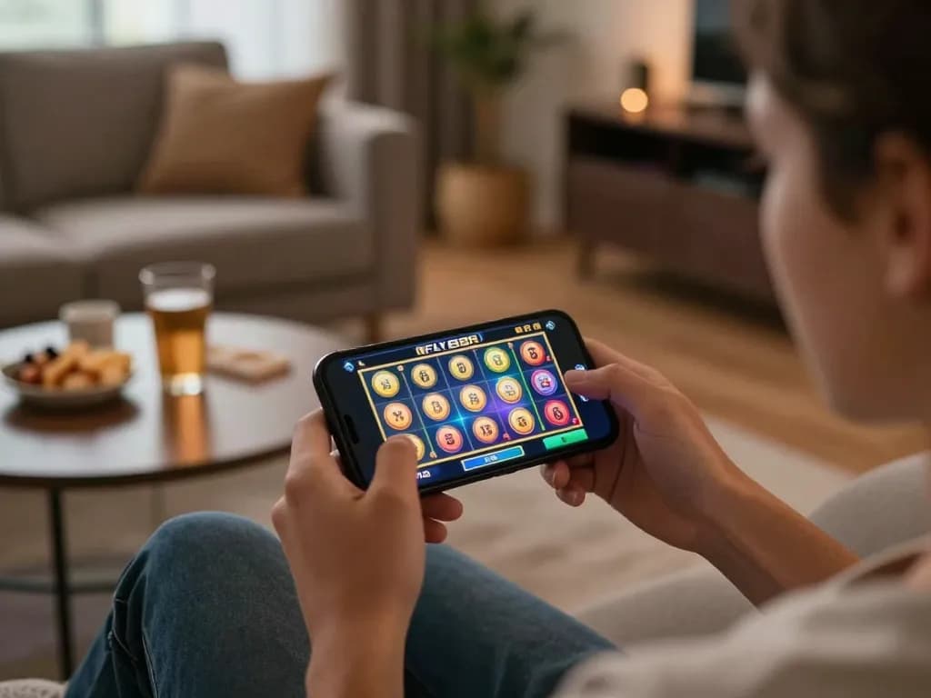 Engaged player enjoying FLY88 mobile casino gaming experience on a smartphone in cozy living room.