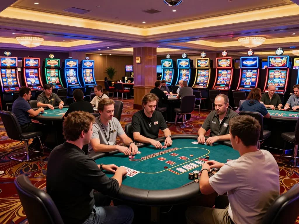 Players enjoying a dynamic xx88 poker game at an upscale casino, capturing the atmosphere of strategic betting.