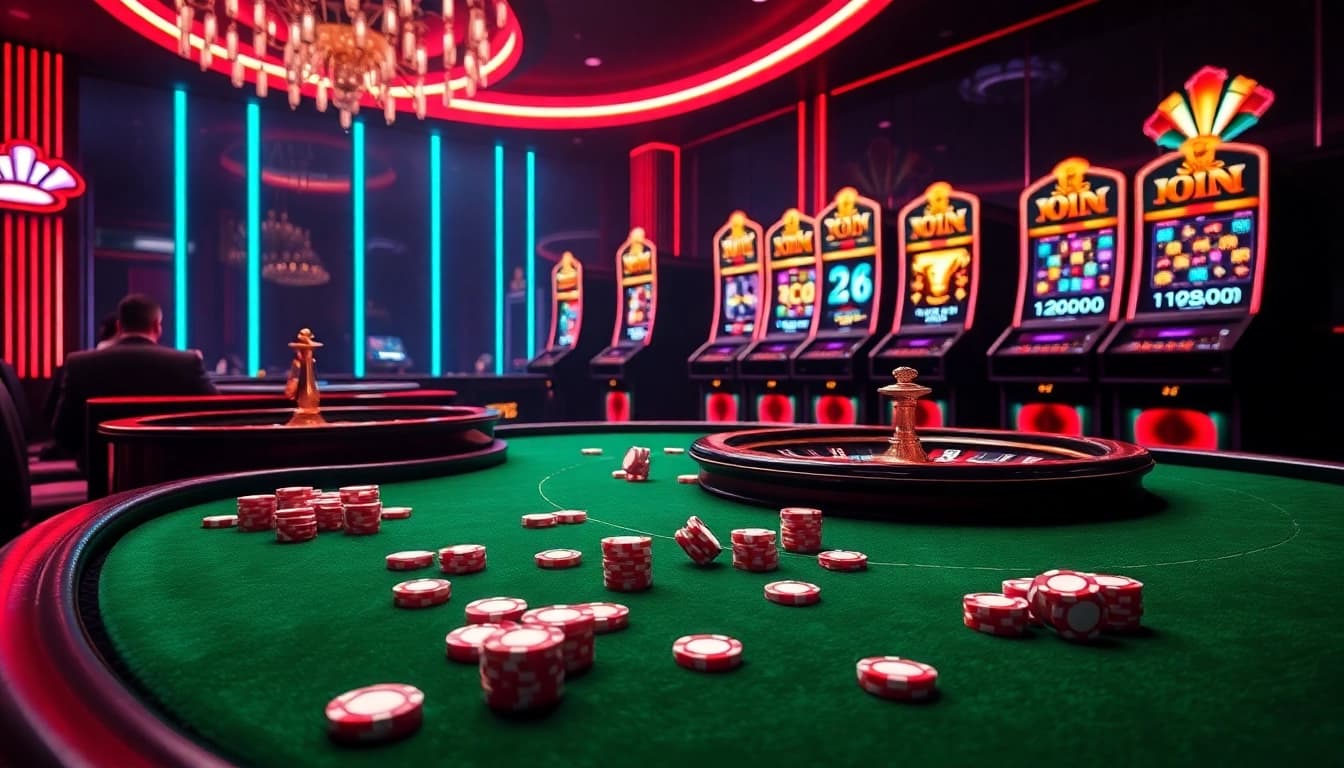 Experience excitement at sun win with stunning casino visuals featuring poker tables, roulette wheels, and slot machines.