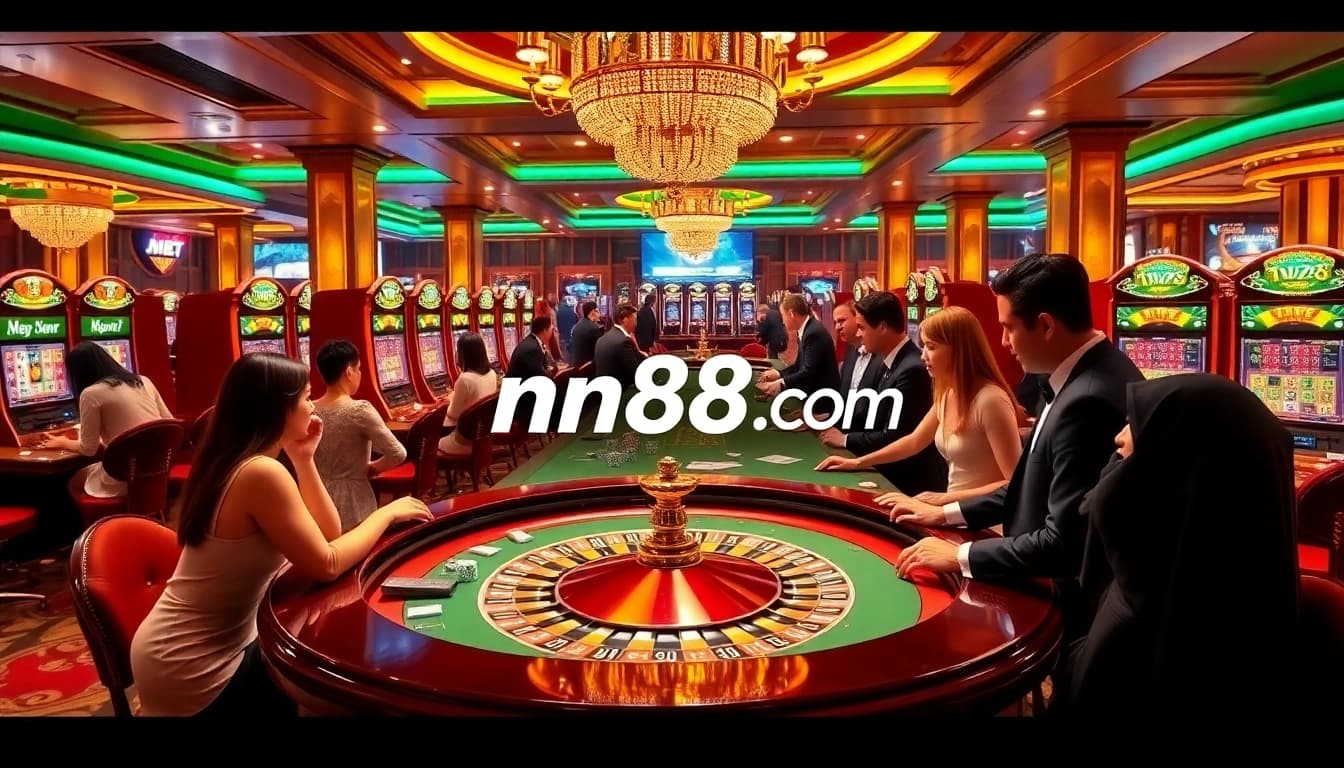 Players enjoying thrilling games at nn88.com casino with vibrant roulette and slot machines.