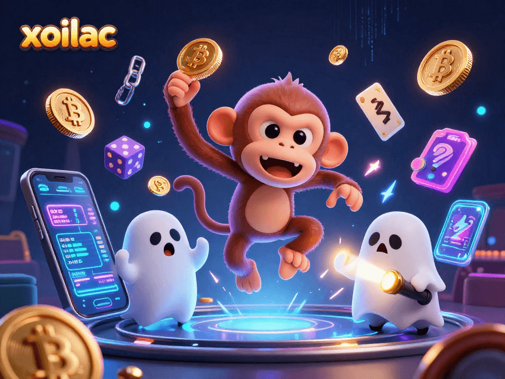 Experience thrilling wins in xoilac with a ghostly monkey juggling coins in a vibrant haunted casino.