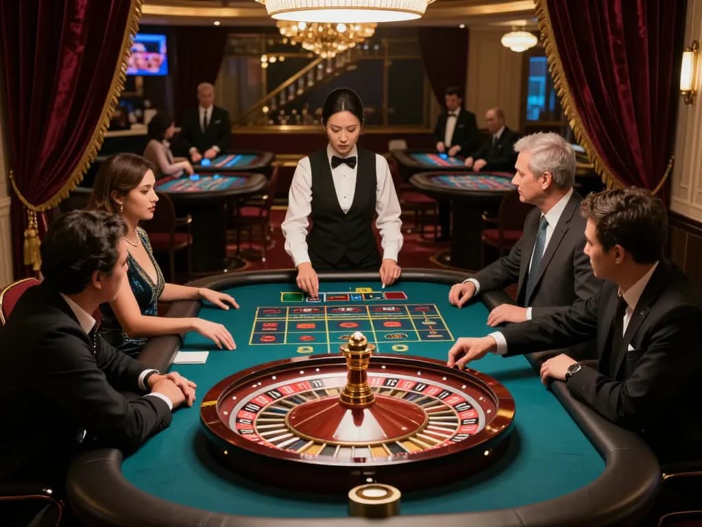 Experience the thrill of strategic bets at 79KING's luxurious roulette table, with players immersed in gameplay.