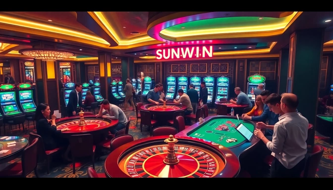 SUNWIN casino environment showcasing vibrant gaming tables and excited players.
