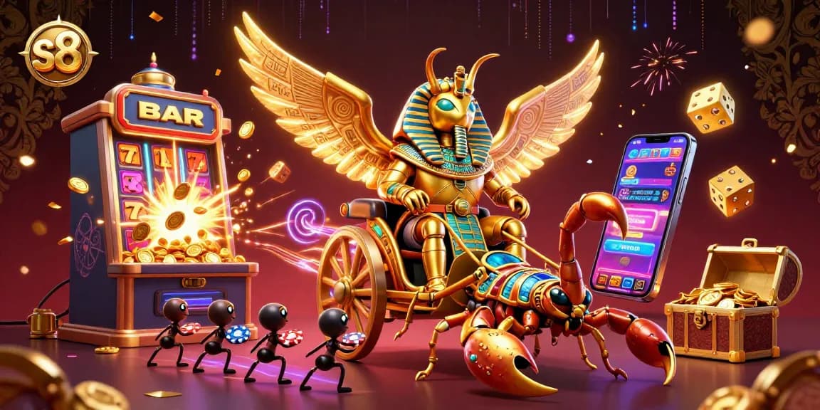 S8 players enjoy exhilarating jackpot moments with a golden scarab and casino elements.