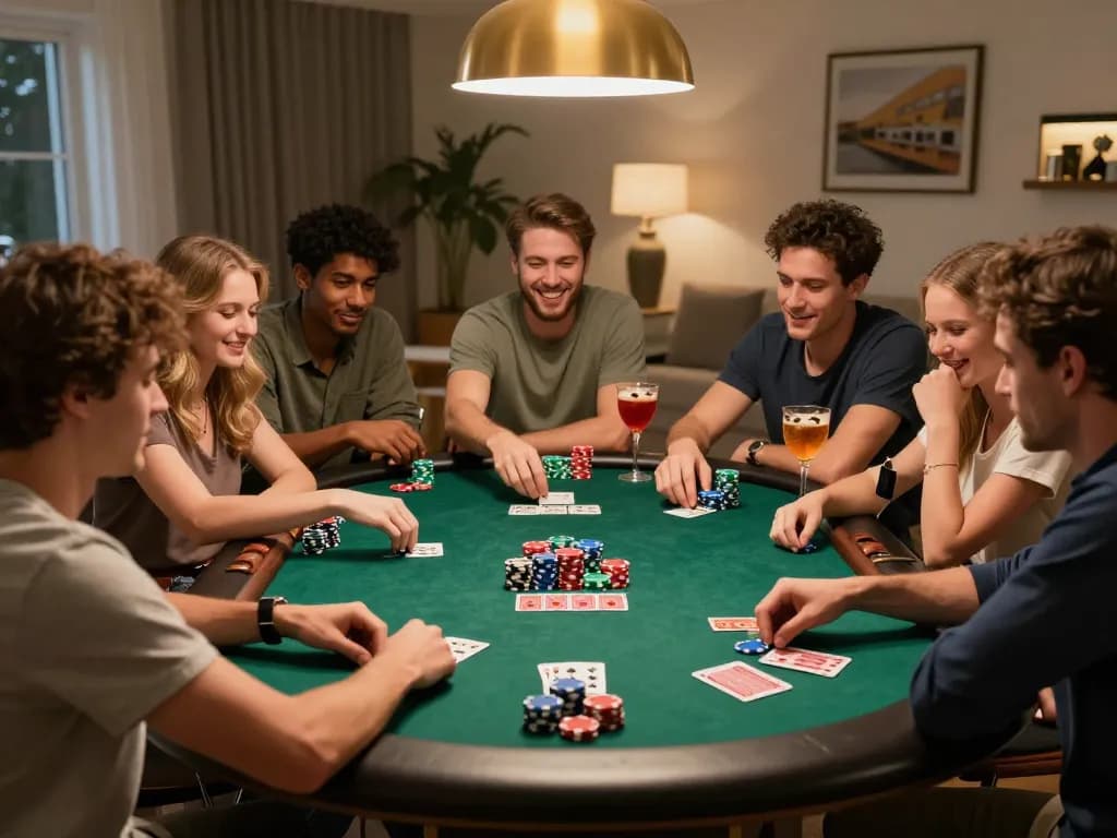 Engaged friends enjoying a poker night with uk88 chip strategies in a cozy home setting.