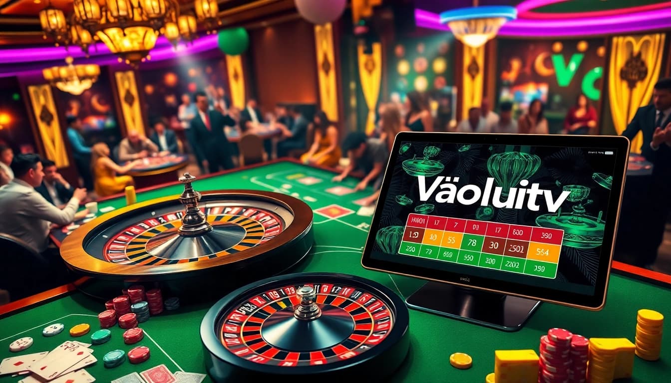 Vaoluoitv offers an exciting casino scene with vibrant tables filled with chips and cards.