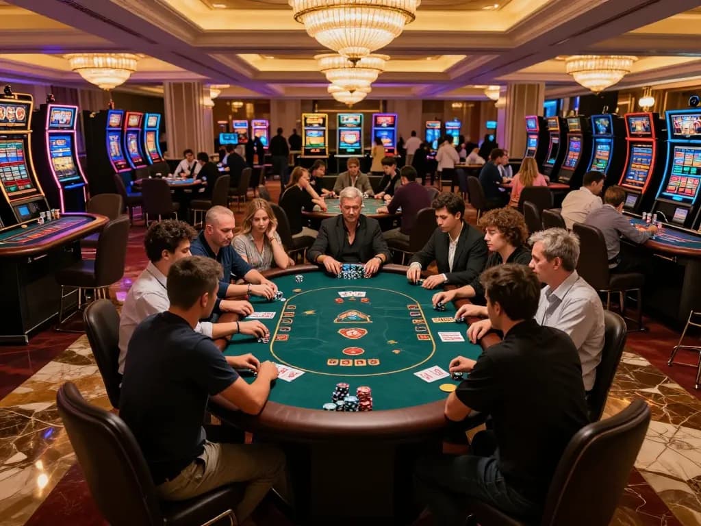 ONE88 poker players strategizing their next bets on an upscale casino floor.