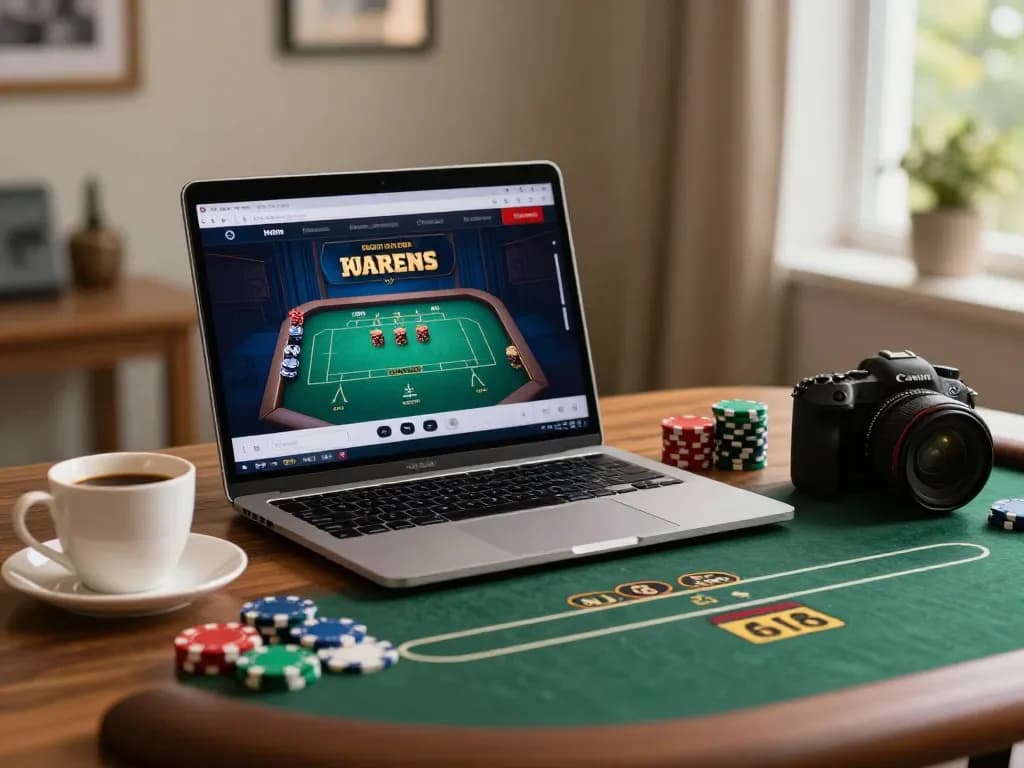 Engaging online gaming experience with BET168 poker game displayed on laptop, vibrant chips and cozy atmosphere.