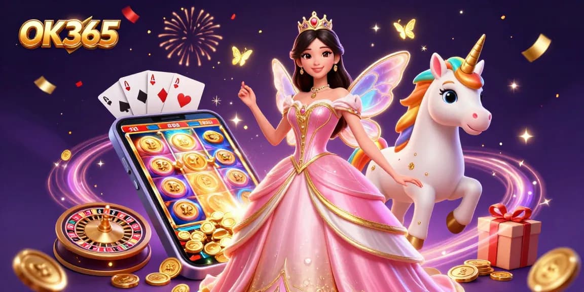 Spin slots and win with OK365’s colorful casino adventure featuring a 3D princess and unicorn.