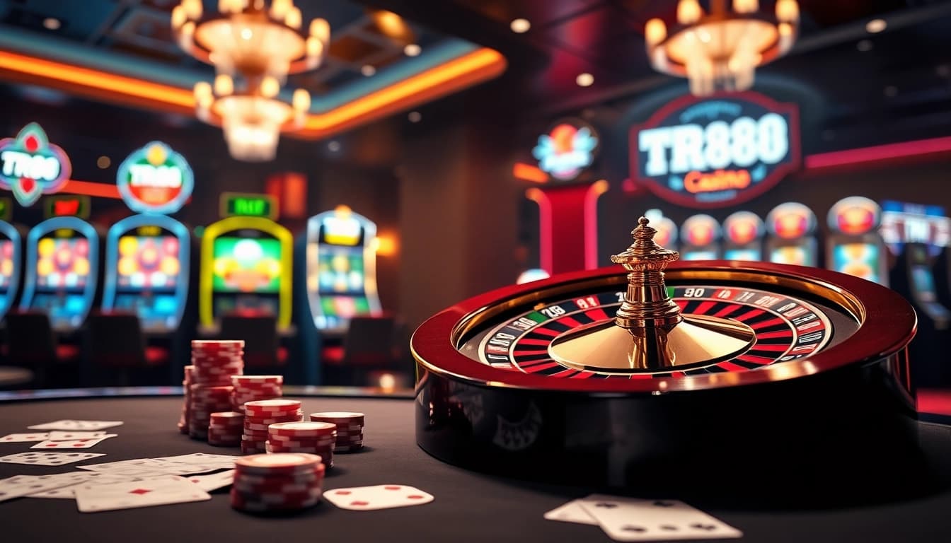 Experience thrilling online gambling action with TR88 amidst vibrant casino visuals.