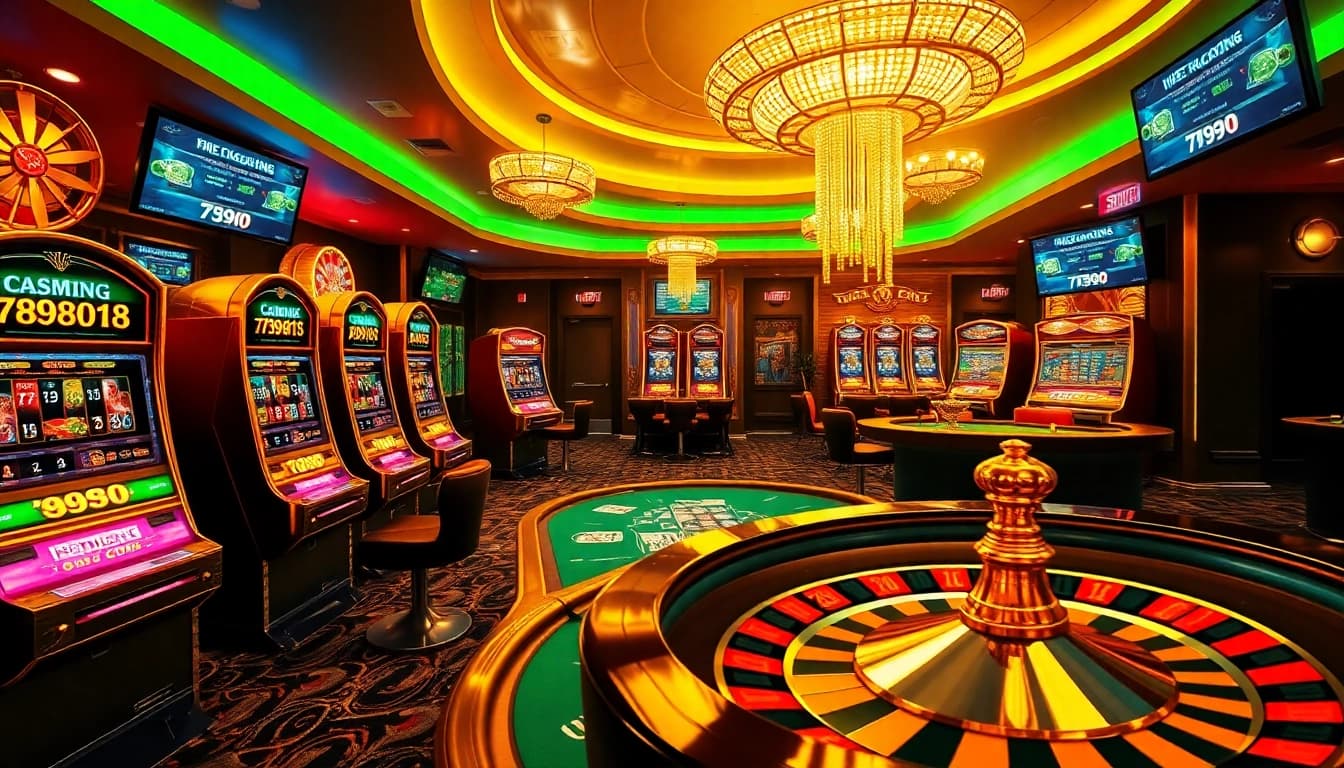 Enjoying a thrilling game session at 789win's online casino with vibrant slot machines and poker tables.