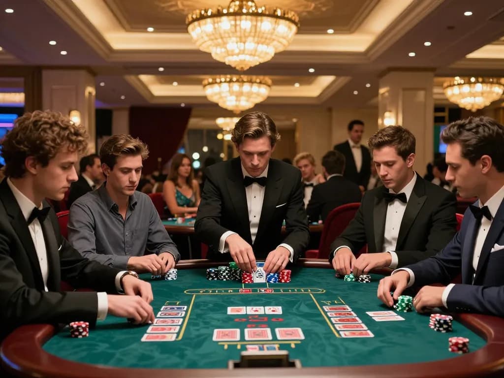 Players engaging in an exciting blackjack game at 13win's upscale casino table, showcasing strategy and camaraderie.