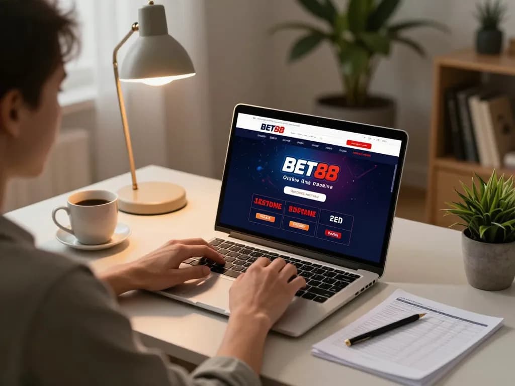 Engaging in strategic gameplay at BET88 online casino with a laptop, warm home setting.