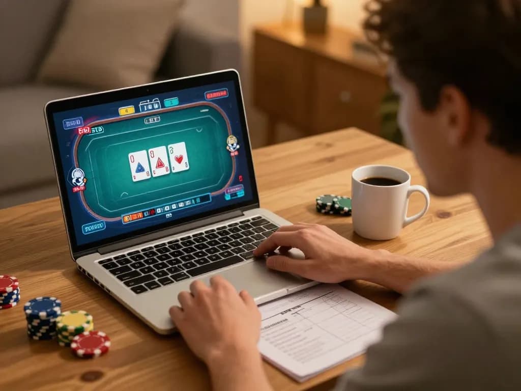 Engaging player focused on 888b online poker game at home, surrounded by strategy notes and coffee.