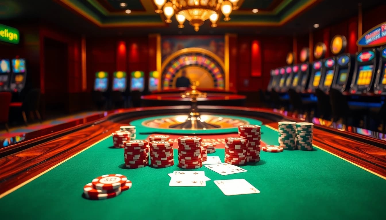 Engaging scene of a luxurious casino with b52 poker chips and a roulette wheel.