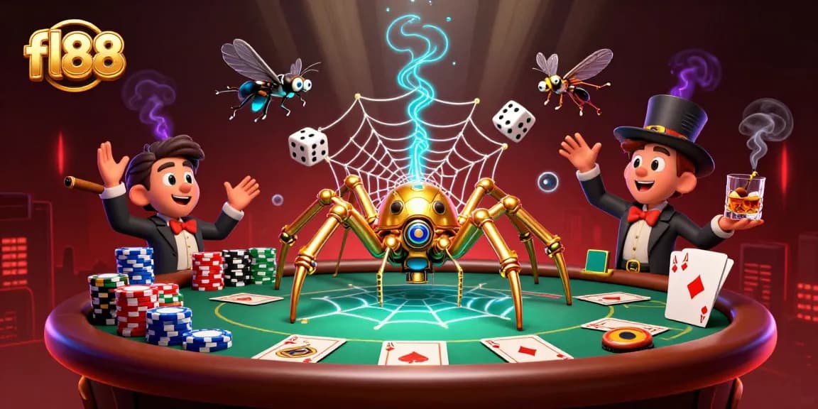 Score big at fl88 with a steampunk spider tangled in a web of poker chips and dice.