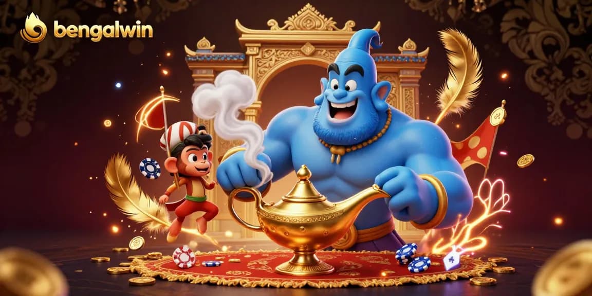 Experience the excitement of Bengalwin with immersive 3D Genie and poker-themed features in this vibrant casino scene.