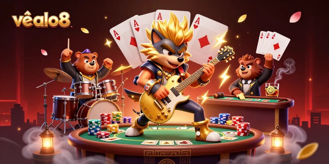 Experience the excitement of về alo8 as a rock star wolf and drummer bear perform on stage in a vibrant casino setting.