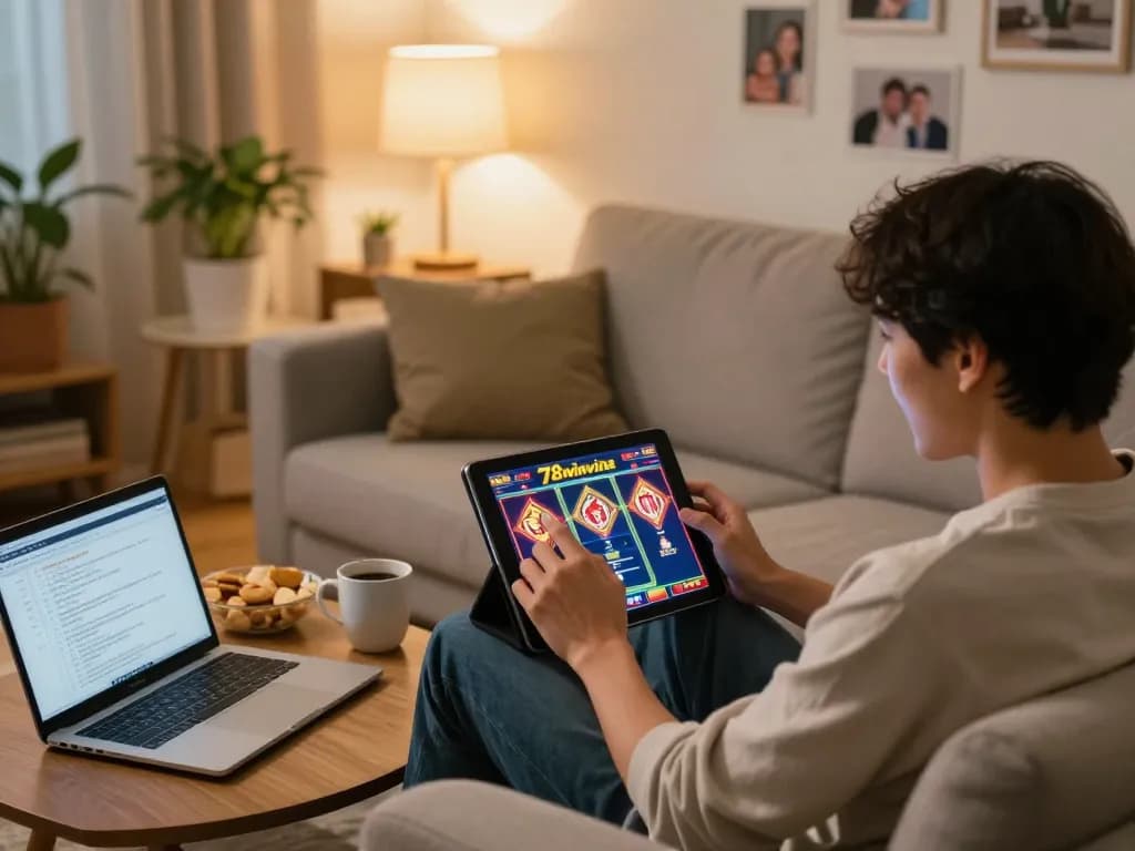 Engaged player enjoying 78winvina slot games on a tablet in a cozy home setting