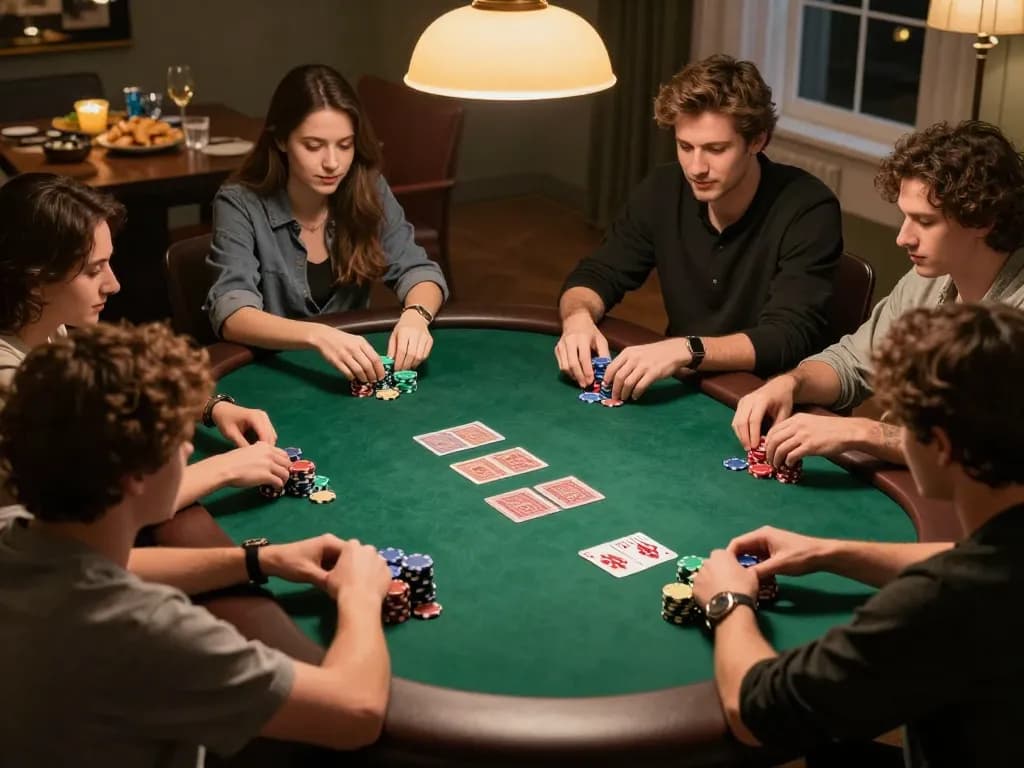 O8 players strategizing at a friendly poker game, showcasing vibrant chips and engaged faces in a cozy setting.