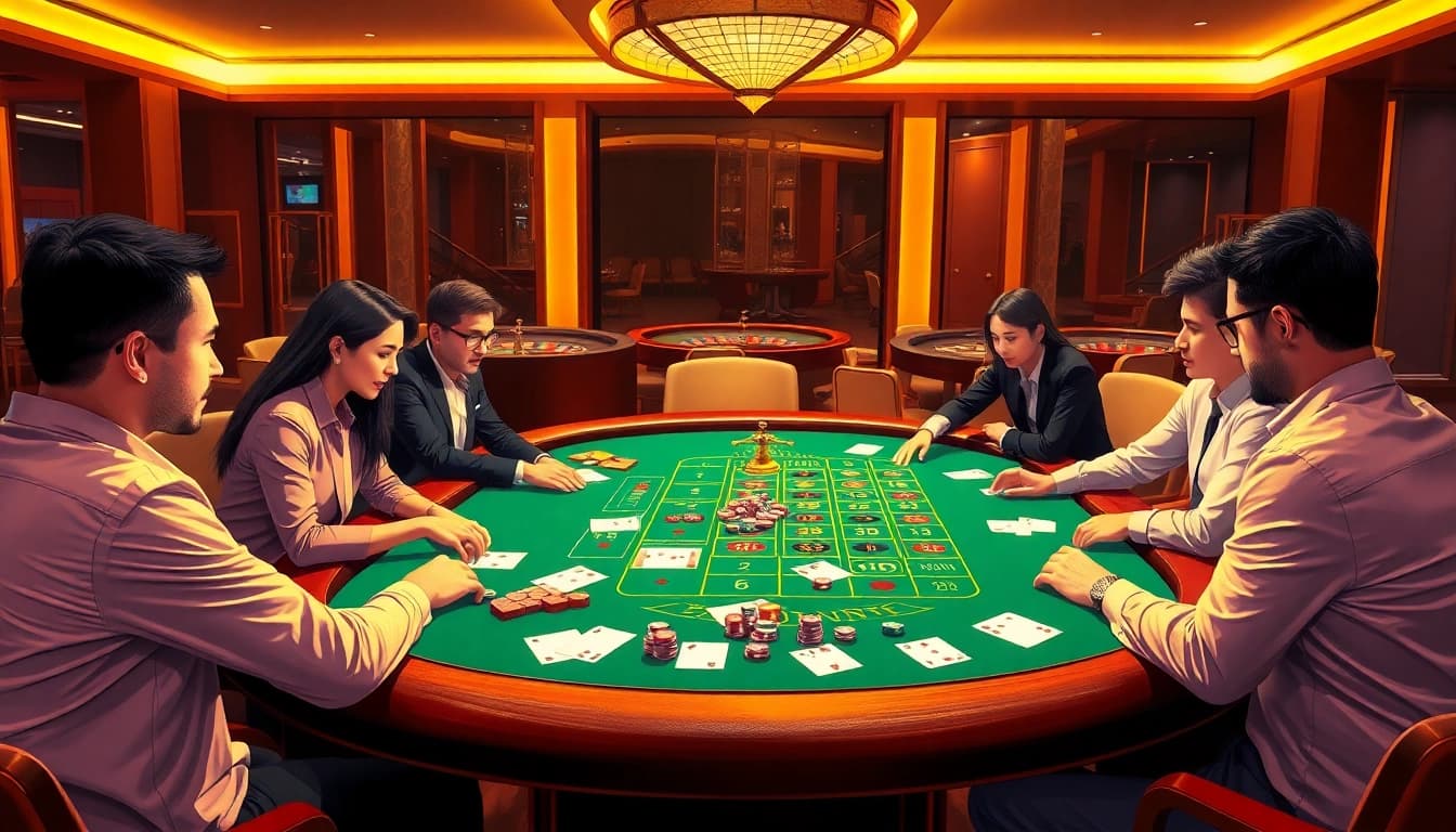 Xocdia88 players enjoying an exciting game at a vibrant casino table filled with chips and betting slips.