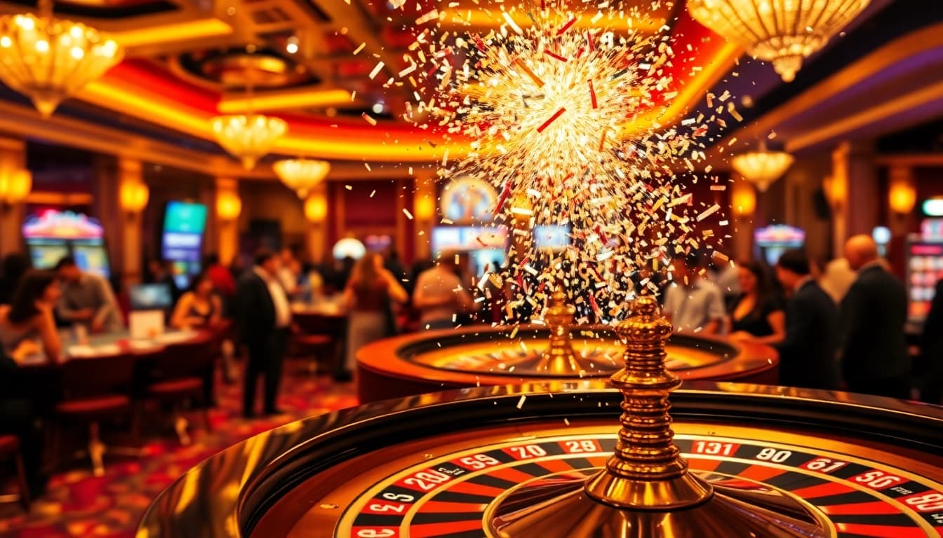 Explosion of a prize-winning lottery celebrated with colorful confetti at a luxury casino.