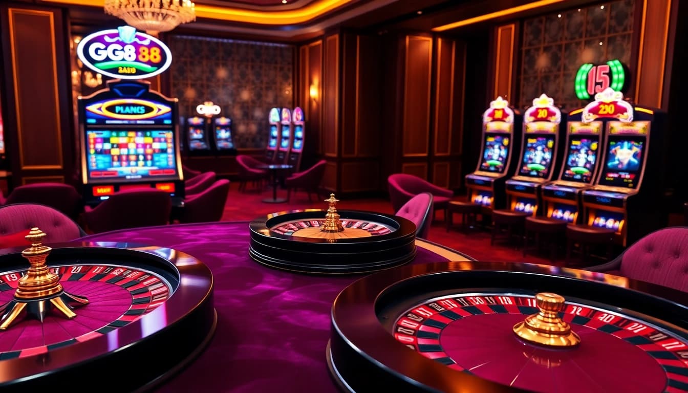 Experience the thrill of gambling at GG88 with a vibrant online casino scene featuring roulette wheels and poker chips.