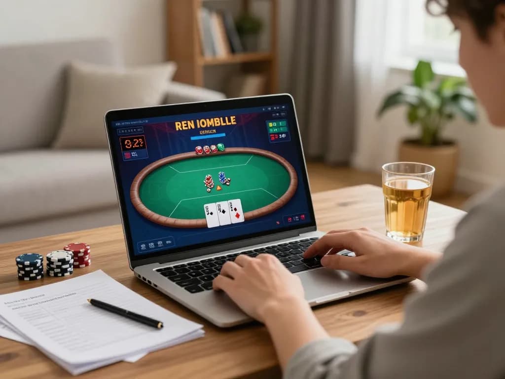 vb88 player focused on online poker strategy at home with notes and a cozy setup