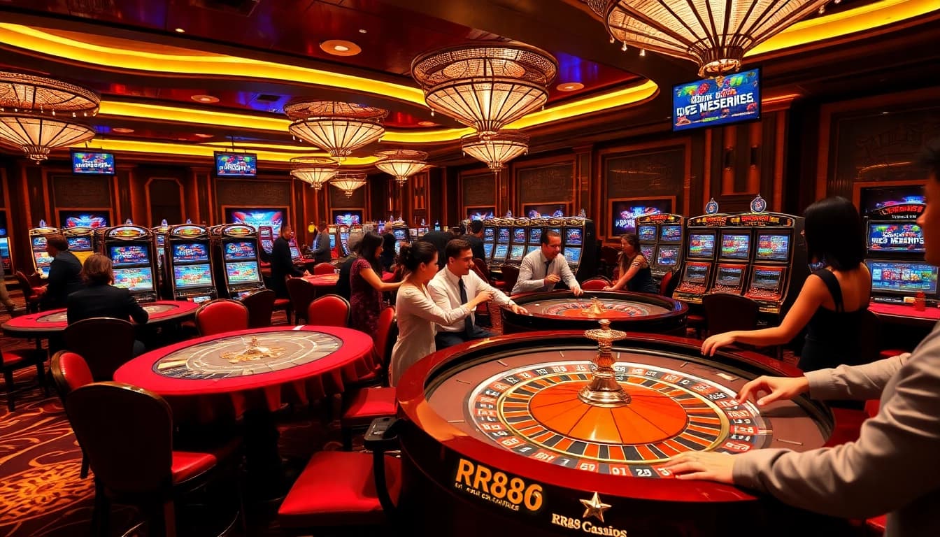Excited players engaging with casino tables and slots at RR88 KJC, showcasing luxury and entertainment.