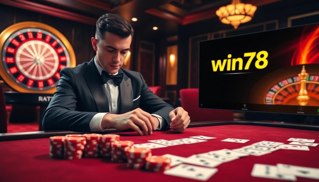 Players enjoying a thrilling poker game at win78, highlighted by vibrant chips and a roulette wheel.