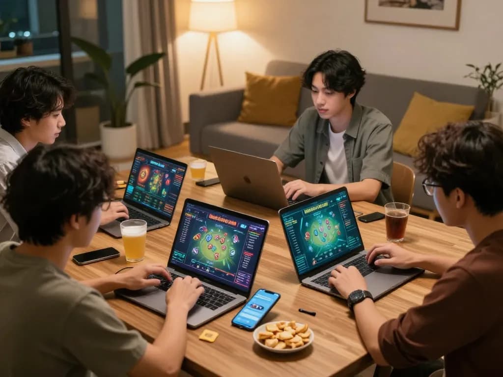 Engaged players enjoying Game Bài Đổi Thưởng on their devices, highlighting social gaming excitement and strategy discussions