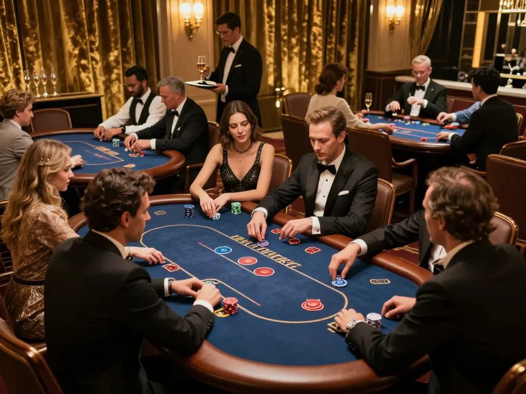 Players enjoying strategic gameplay at a VIP poker table in a luxurious setting, representing mb66's elite gambling experience.