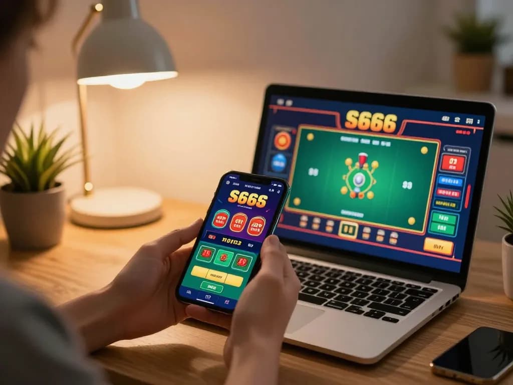 Engaging S666 casino app on smartphone as user places a bet in cozy home office