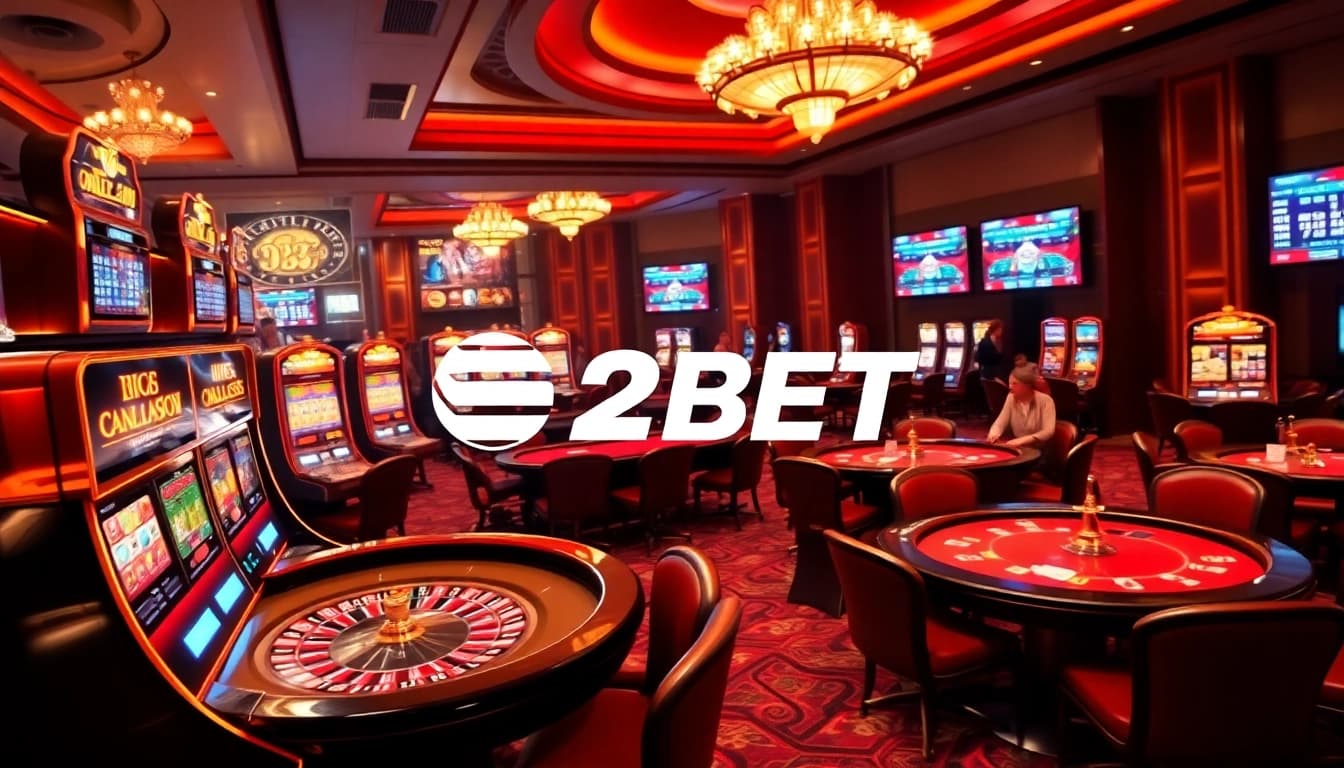 E2BET logo in a luxurious casino scene with slot machines, poker tables, and active betting slots.