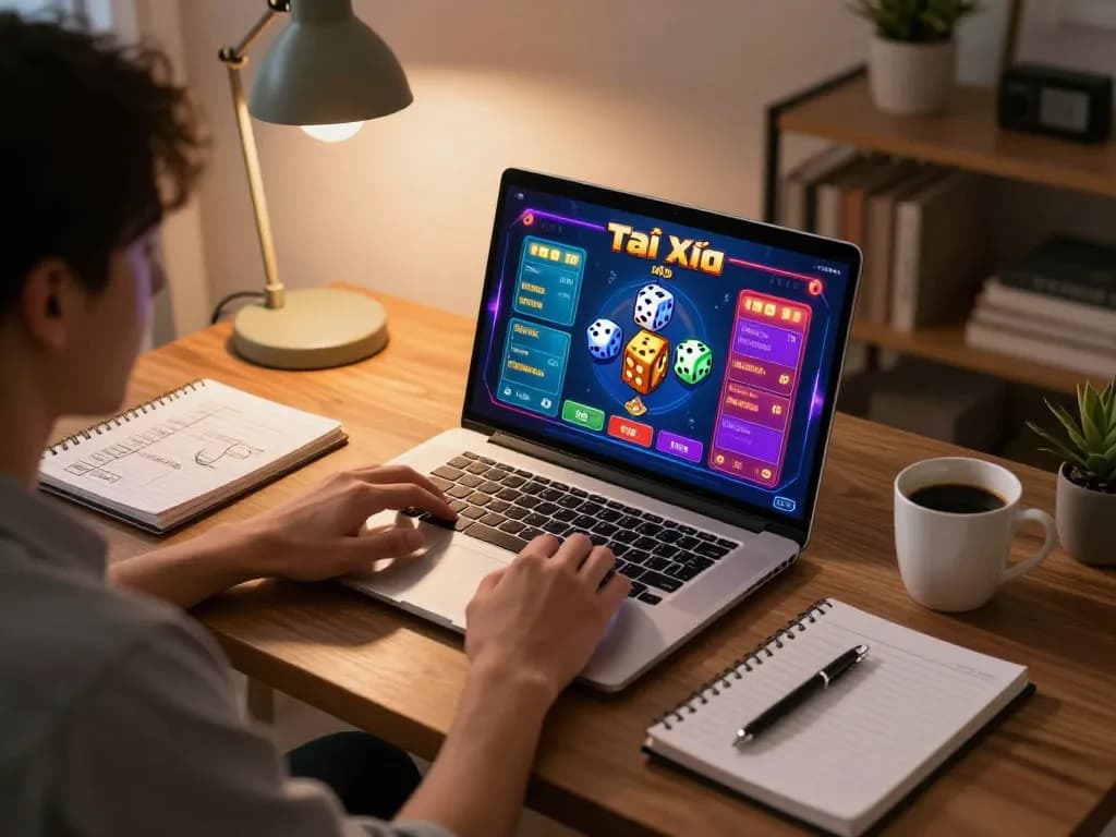Tài Xỉu online gaming scene with player engaging in strategic gameplay on a laptop at home.