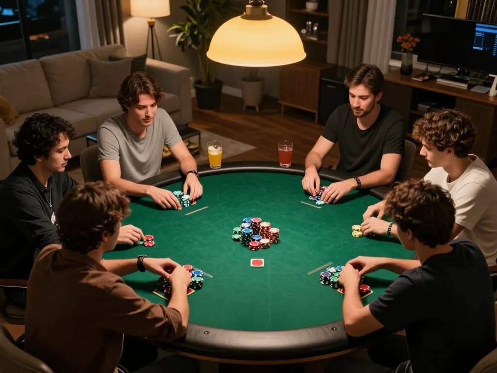 Players strategizing in a lively poker game at home, showcasing 78wintl's gaming atmosphere.