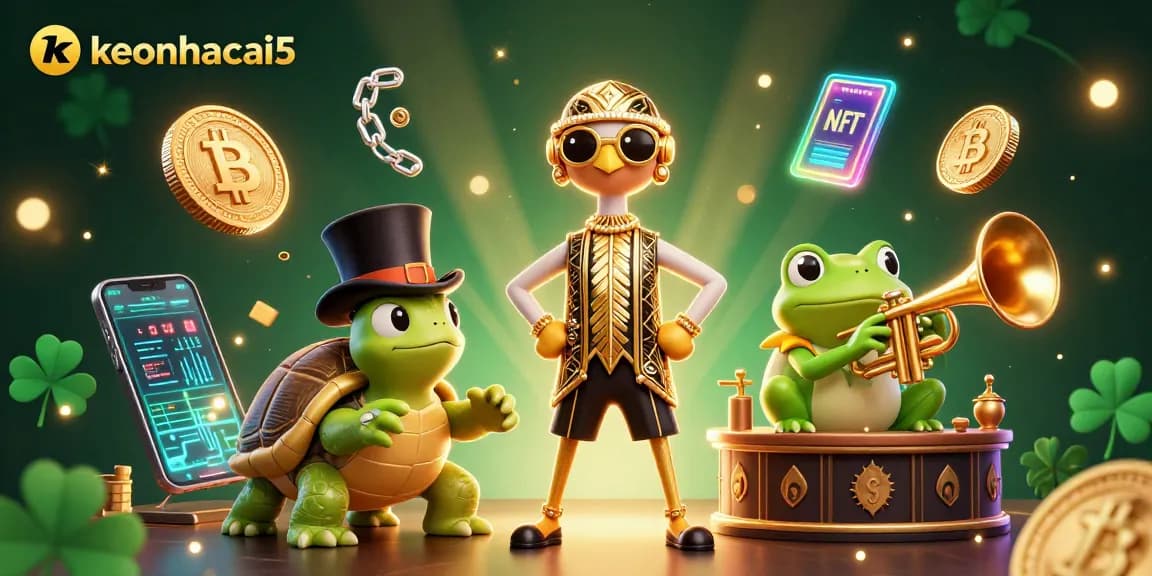 Engage with keonhacai5 at a vibrant 3D casino scene featuring a turtle, crane, and frog.